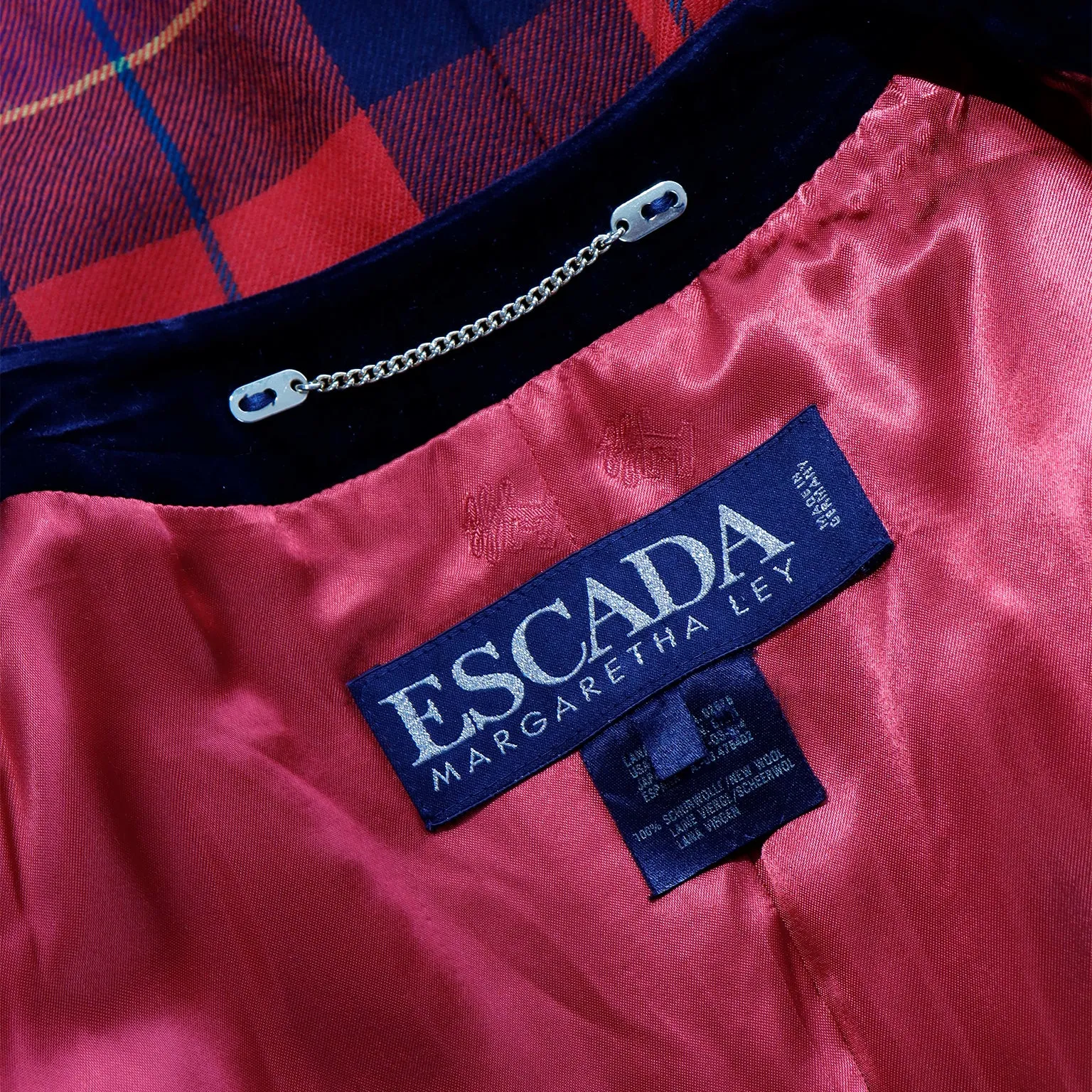 1980s Escada Margaretha Ley Red Plaid Wool Zip Front Jacket