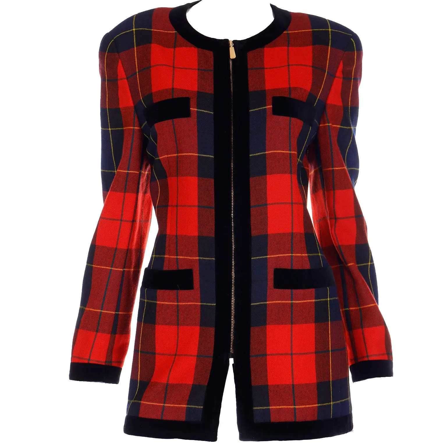 1980s Escada Margaretha Ley Red Plaid Wool Zip Front Jacket