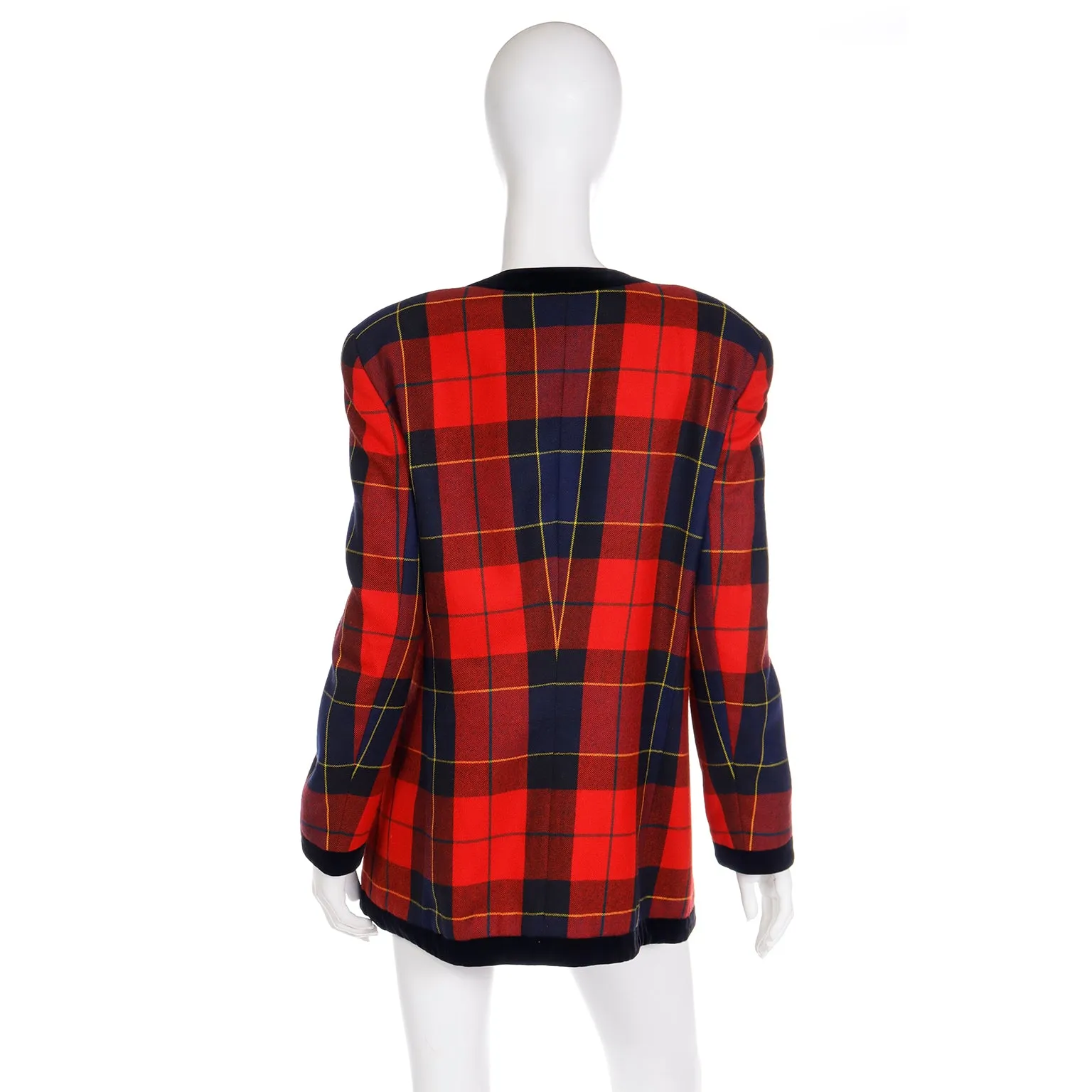 1980s Escada Margaretha Ley Red Plaid Wool Zip Front Jacket