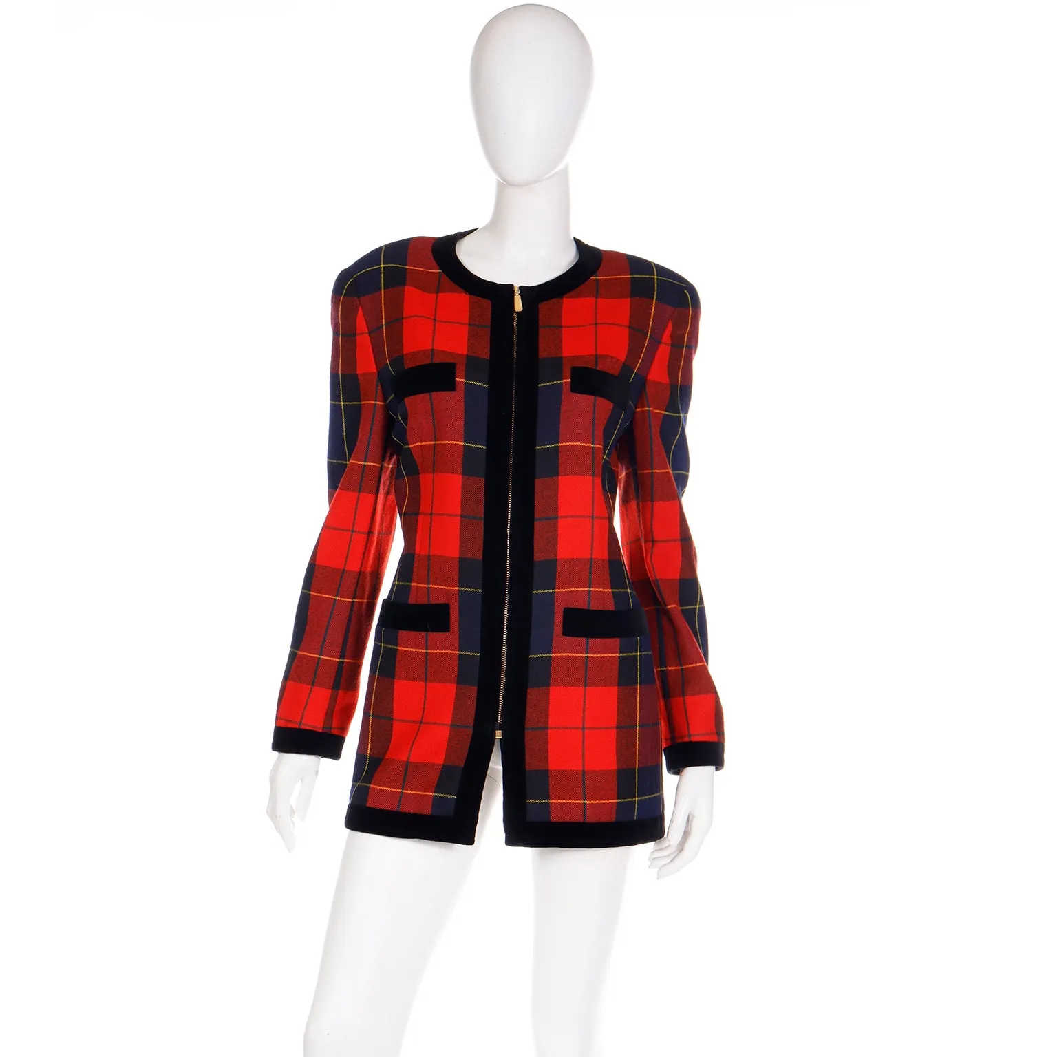 1980s Escada Margaretha Ley Red Plaid Wool Zip Front Jacket