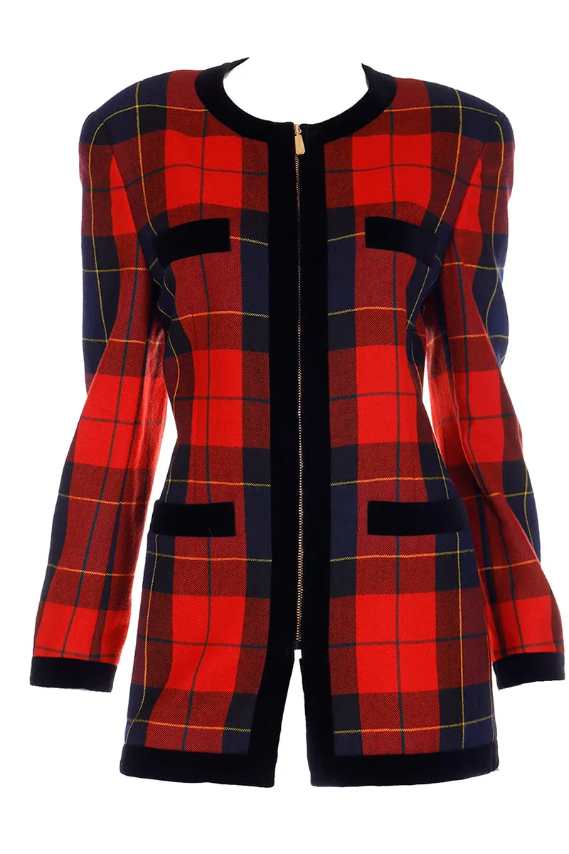 1980s Escada Margaretha Ley Red Plaid Wool Zip Front Jacket