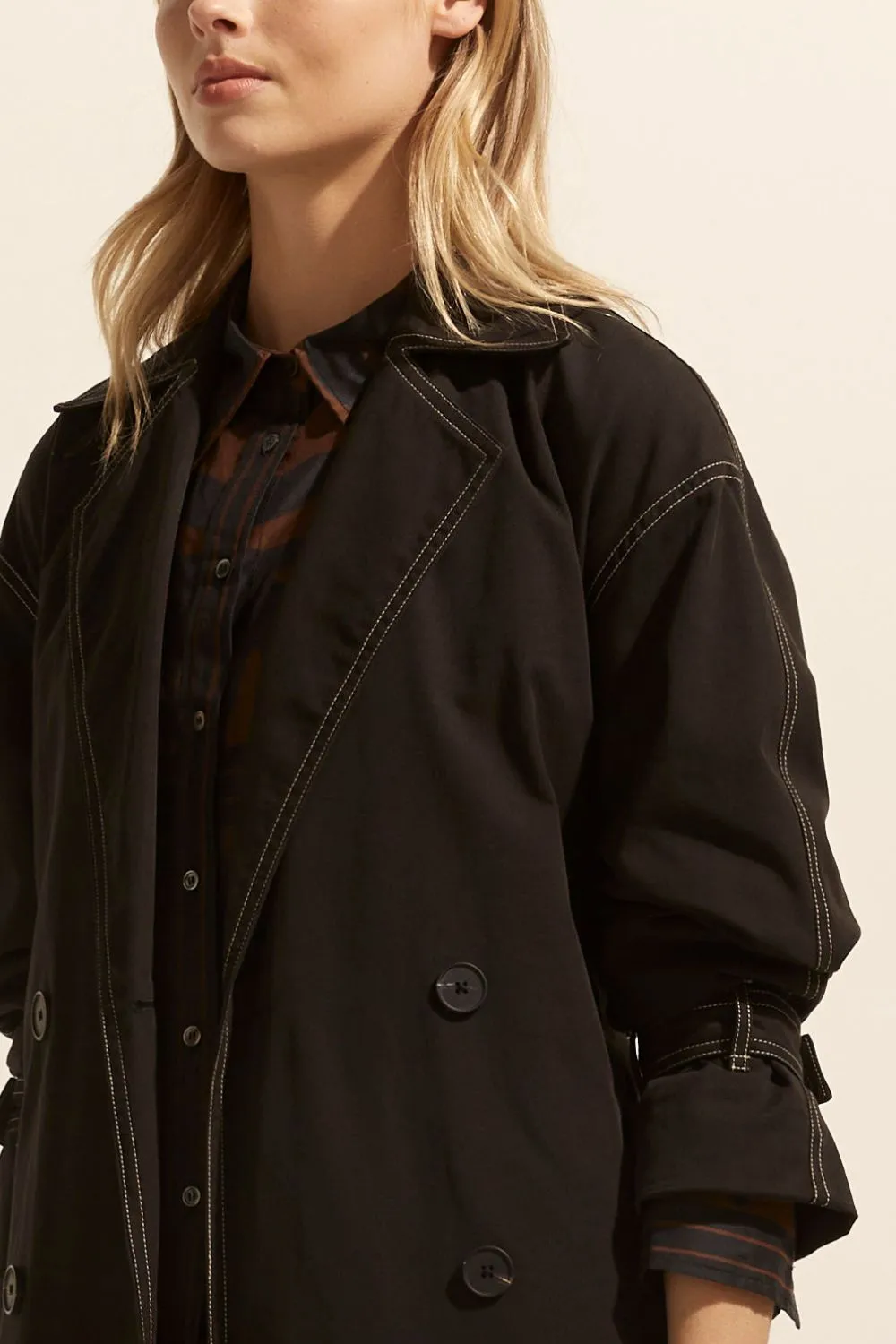 Agent Black Contrast Stitch Trench Coat