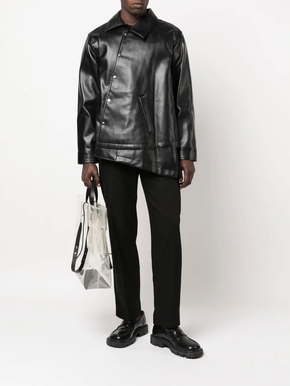 Asymmetric-Hem Artificial Leather Jacket