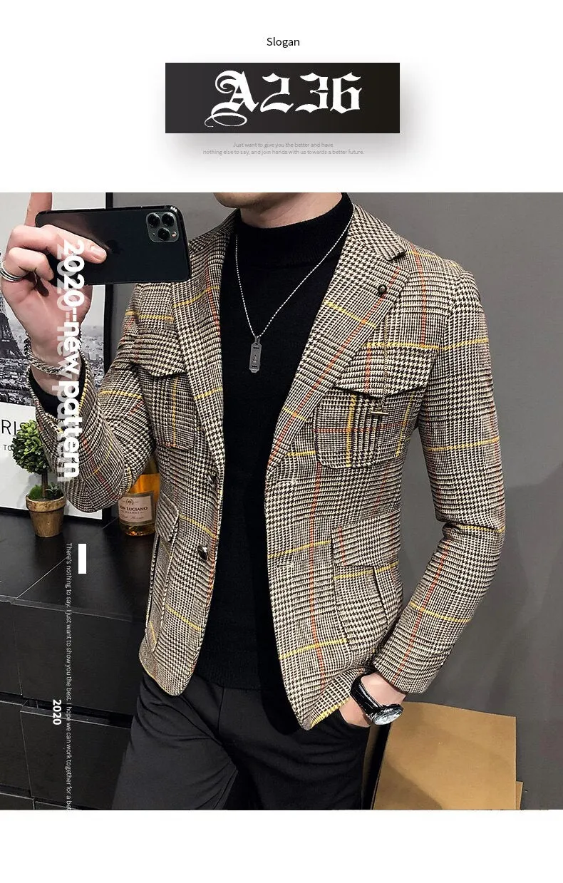 Autumn Casual Men's Plaid Slim-fit Business Streetwear Blazers Suit Jacket