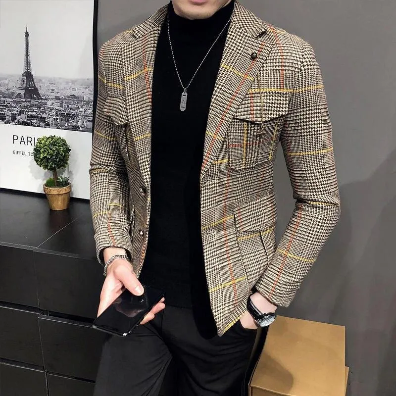 Autumn Casual Men's Plaid Slim-fit Business Streetwear Blazers Suit Jacket