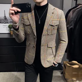 Autumn Casual Men's Plaid Slim-fit Business Streetwear Blazers Suit Jacket