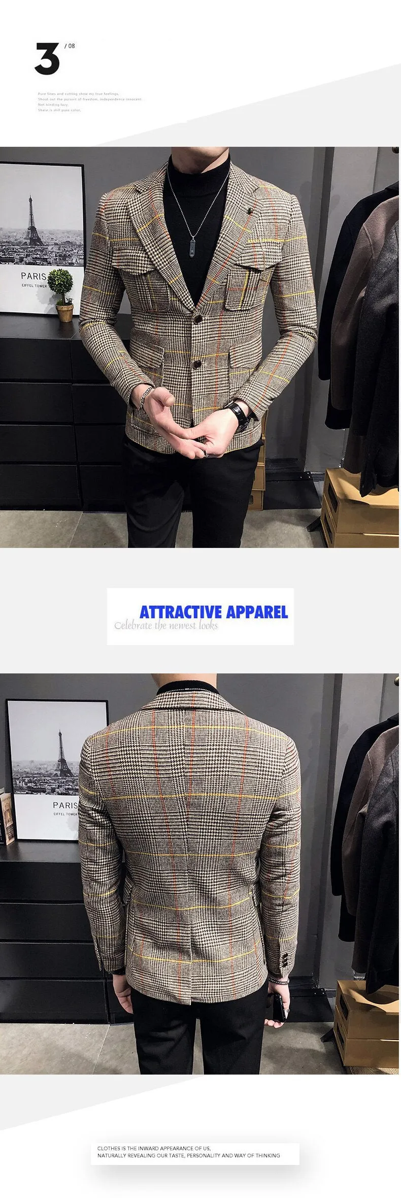 Autumn Casual Men's Plaid Slim-fit Business Streetwear Blazers Suit Jacket