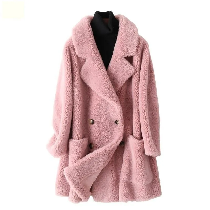 Autumn Winter Women's Sheep Shearling Wool Fur Trench Coats & Jackets