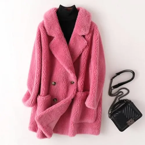 Autumn Winter Women's Sheep Shearling Wool Fur Trench Coats & Jackets