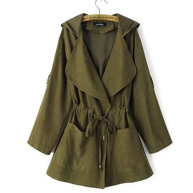 Autumn Women's Casual Hooded Windbreaker Coat Turndown Collar Overcoat Outerwear Coat Solid Color Trench Belt Slim Tops Coat