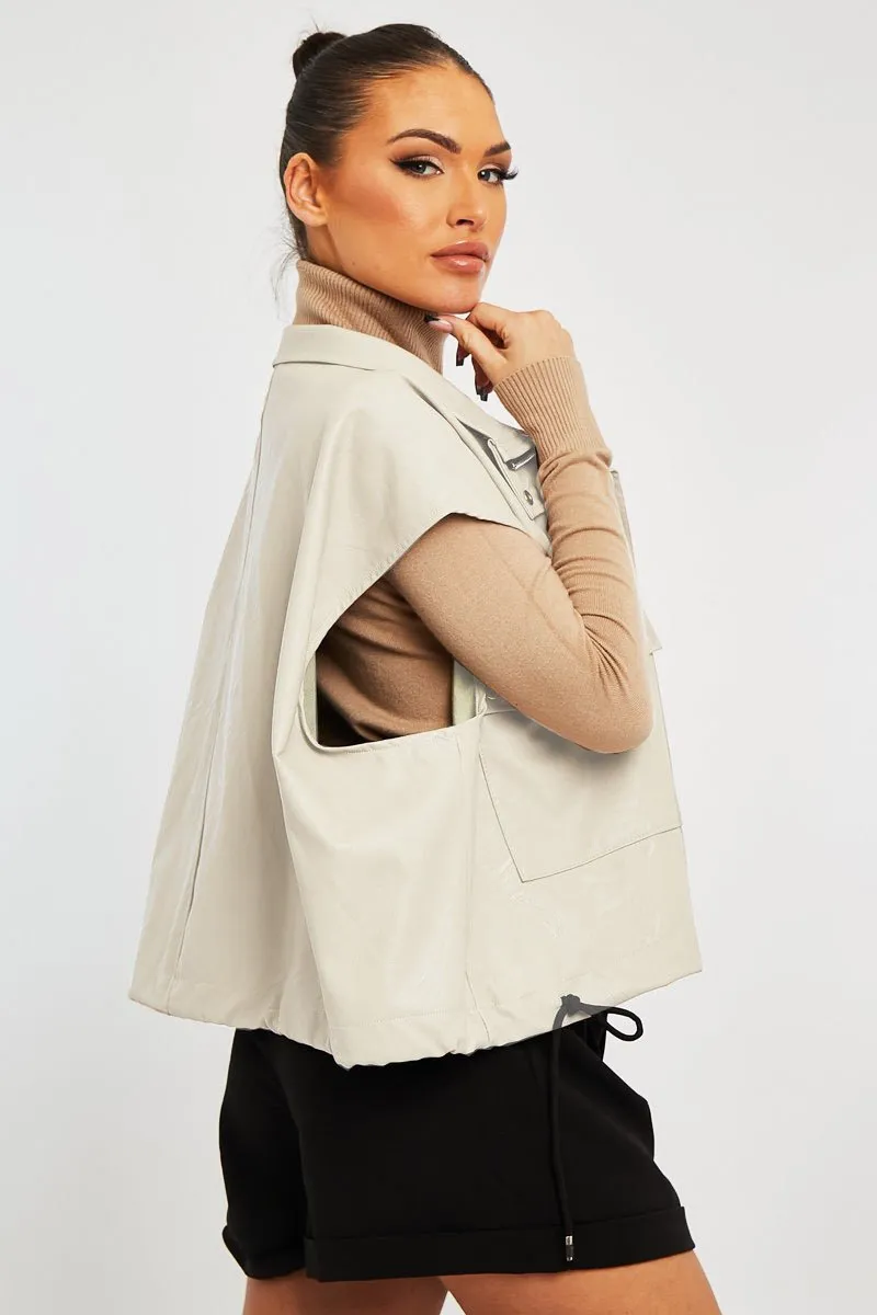 Beige Faux Leather Sleeveless Gilet Jacket - Kierstan