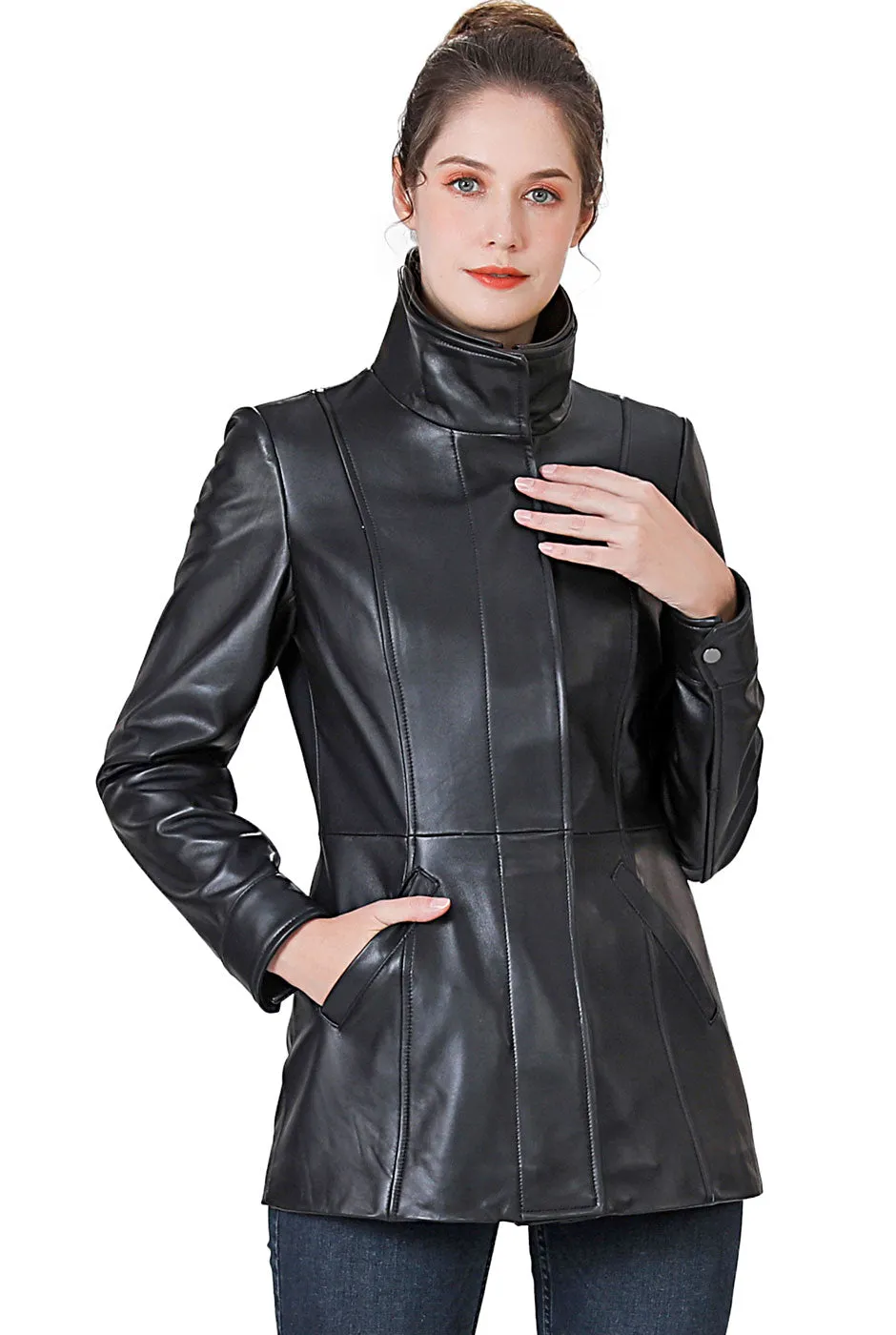 BGSD Women Kara Lambskin Leather Scuba Jacket