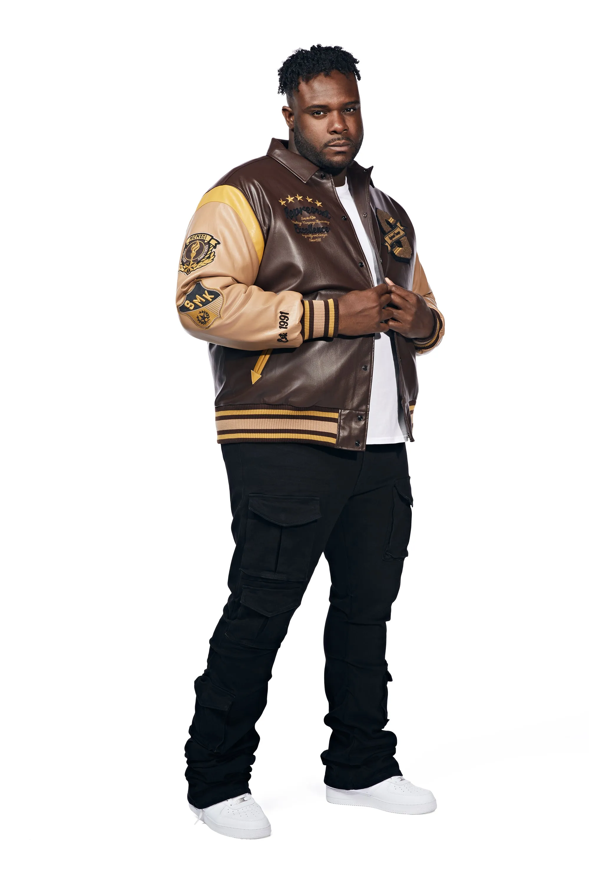 Big And Tall Vegan Leather  Varsity Jacket - Brown