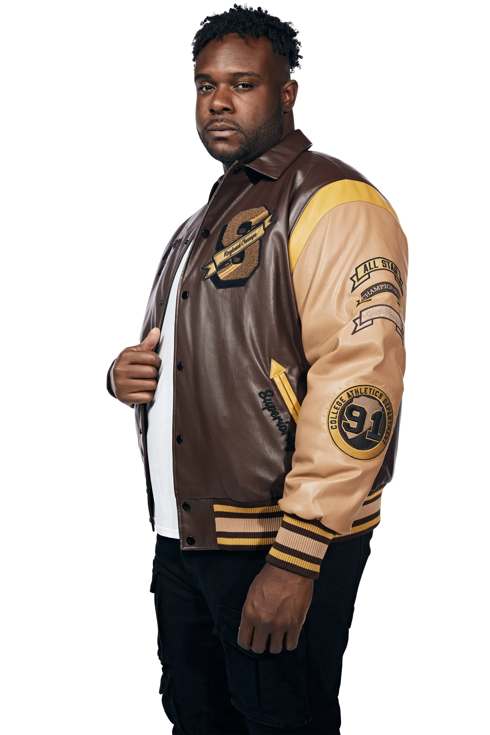 Big And Tall Vegan Leather  Varsity Jacket - Brown