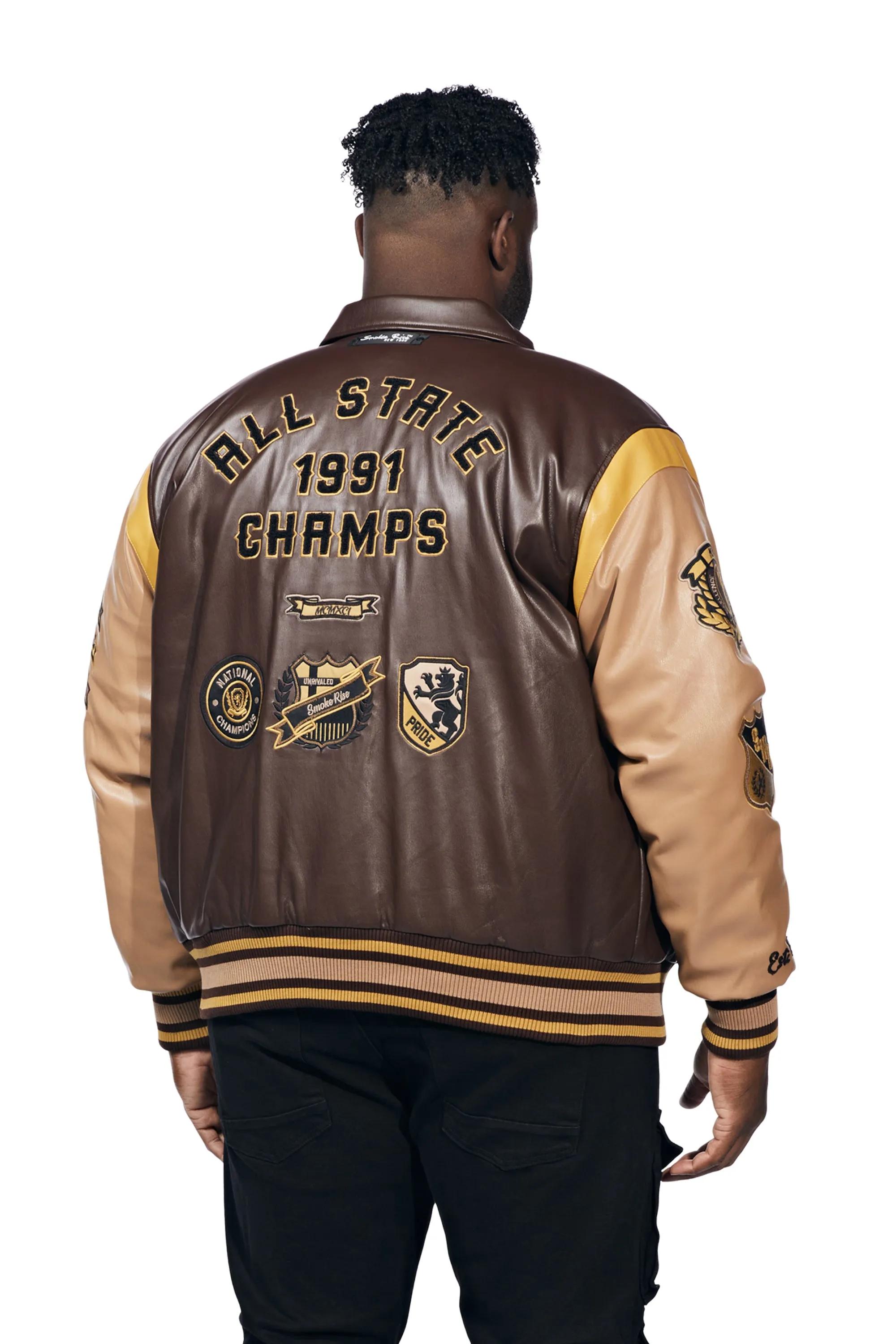 Big And Tall Vegan Leather  Varsity Jacket - Brown