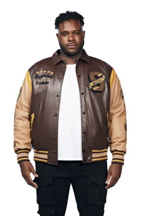 Big And Tall Vegan Leather  Varsity Jacket - Brown