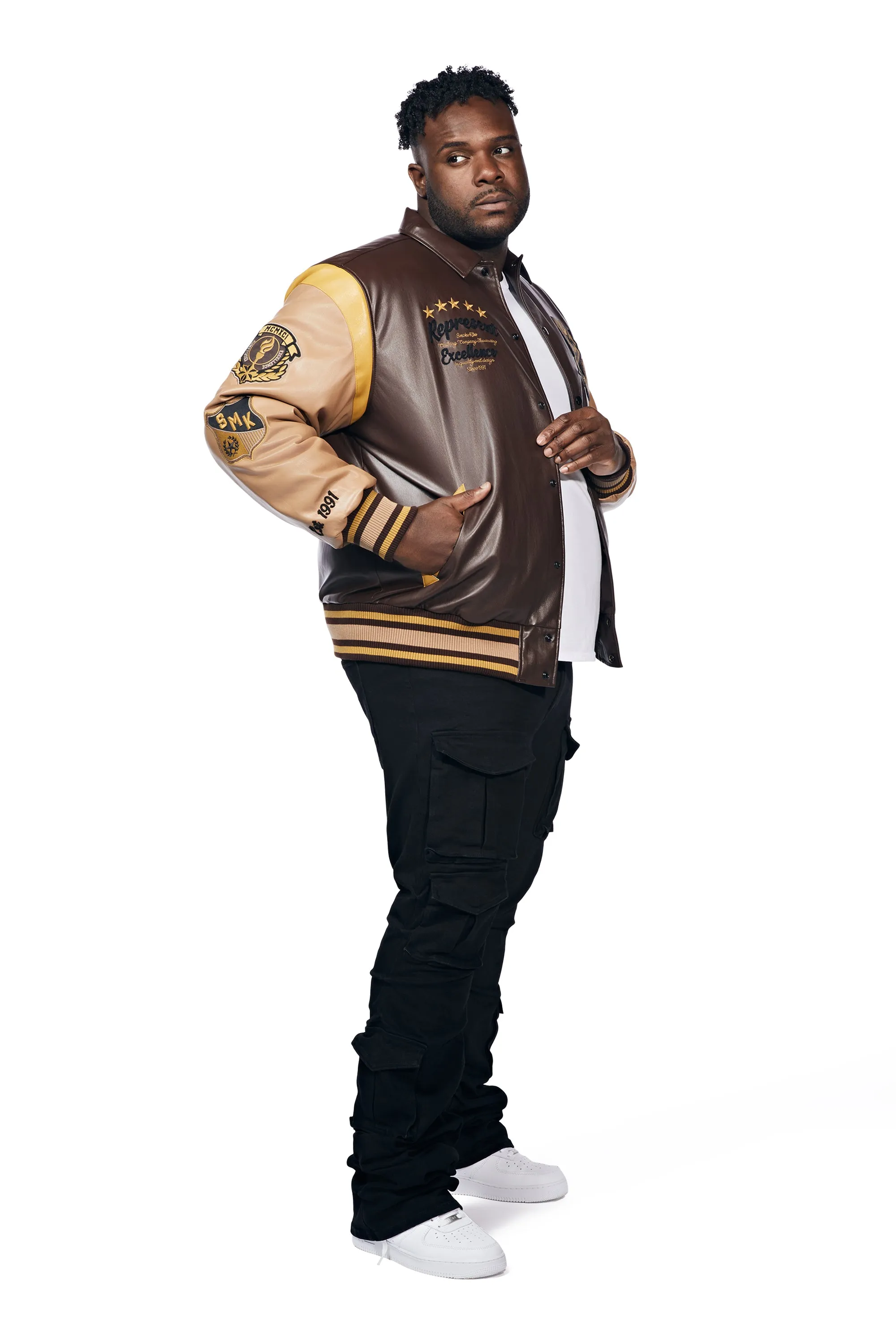 Big And Tall Vegan Leather  Varsity Jacket - Brown