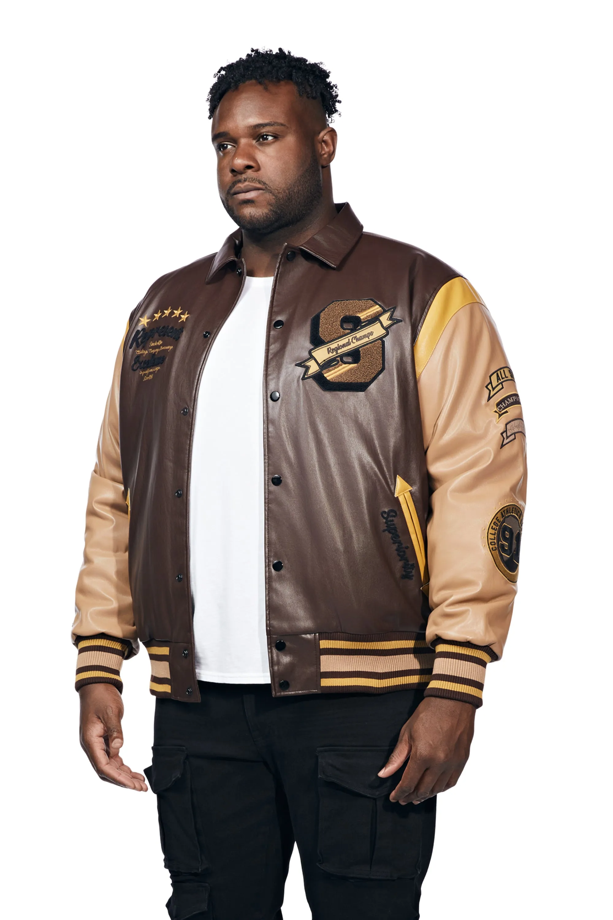 Big And Tall Vegan Leather  Varsity Jacket - Brown