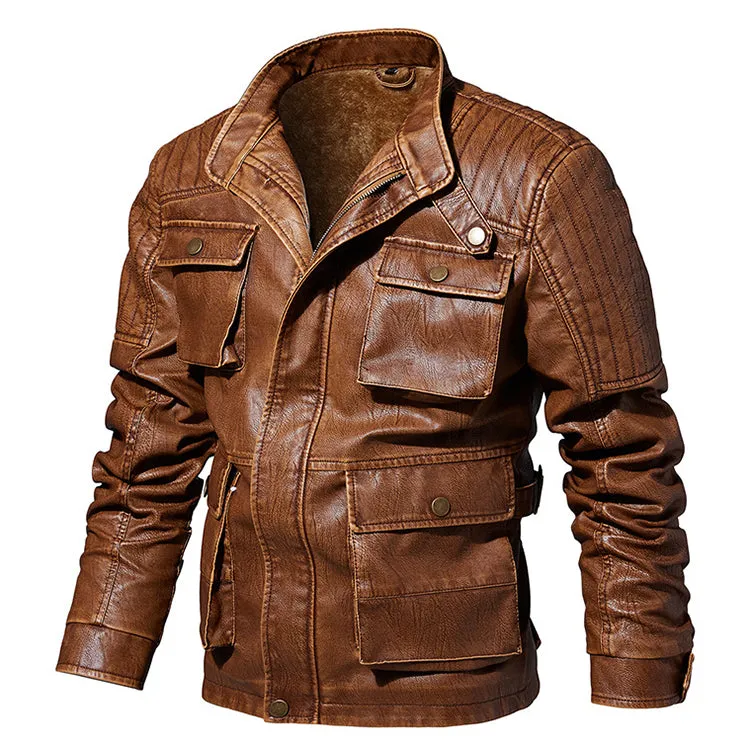 Casual Retro Multi-pocket Thick Men's Leather Jacket