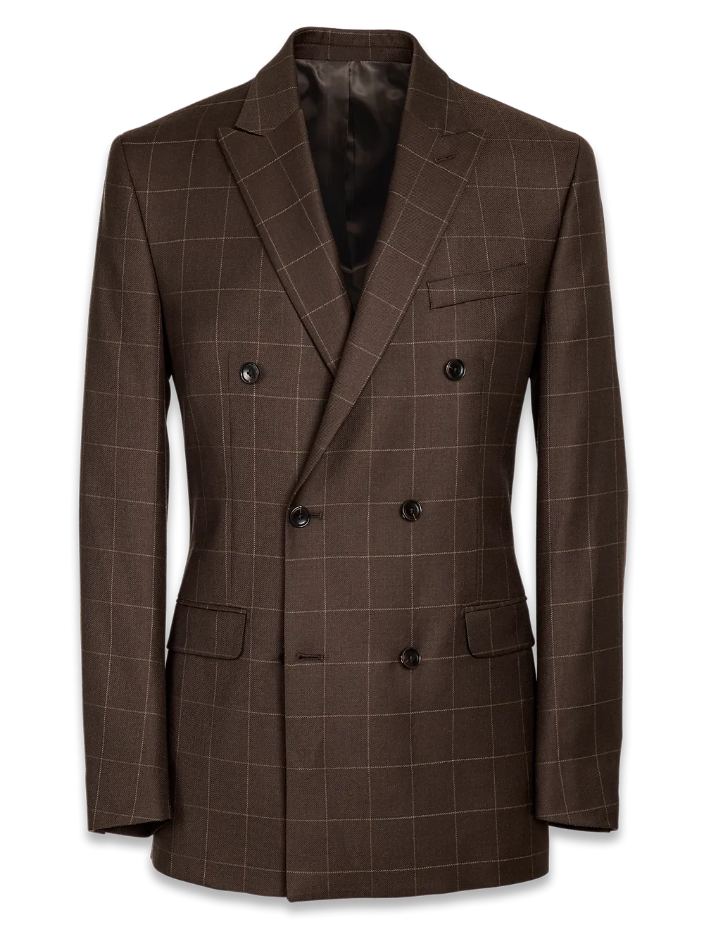 Classic Fit Essential Wool Double Breasted Peak Lapel Suit Jacket - Brown Windowpane