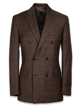 Classic Fit Essential Wool Double Breasted Peak Lapel Suit Jacket - Brown Windowpane