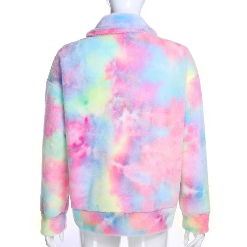 Colorful Rainbow Painted Tie Dye Faux Fur Coats For Women