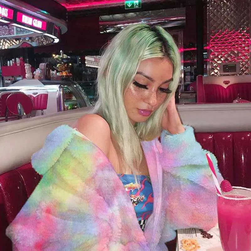 Colorful Rainbow Painted Tie Dye Faux Fur Coats For Women