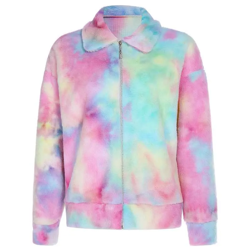 Colorful Rainbow Painted Tie Dye Faux Fur Coats For Women