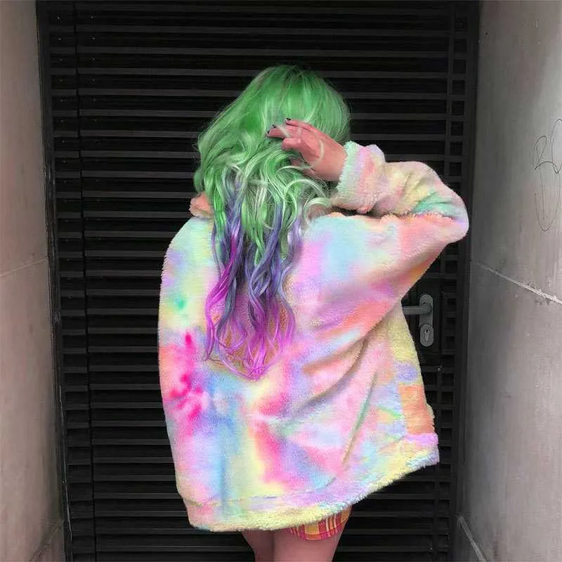 Colorful Rainbow Painted Tie Dye Faux Fur Coats For Women