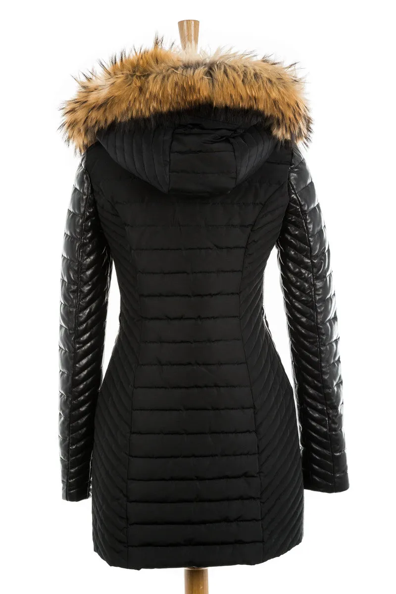 Connington Leather Sleeved Jacket with Fur Trim