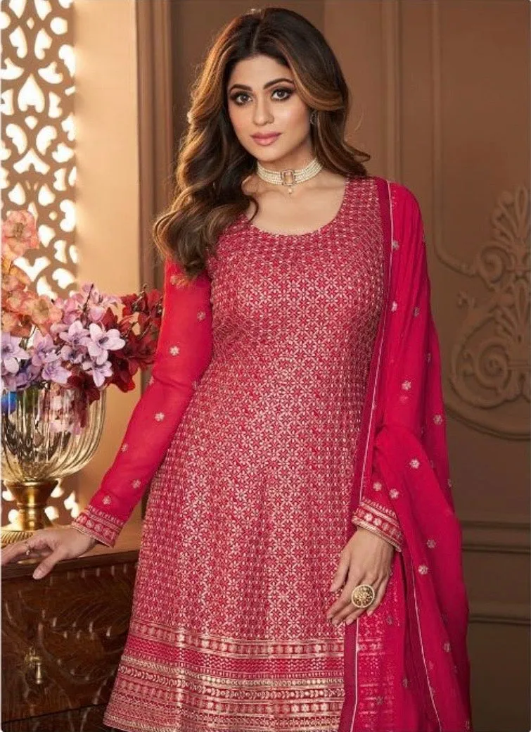 Embroidered Georgette Suit in Fuchsia