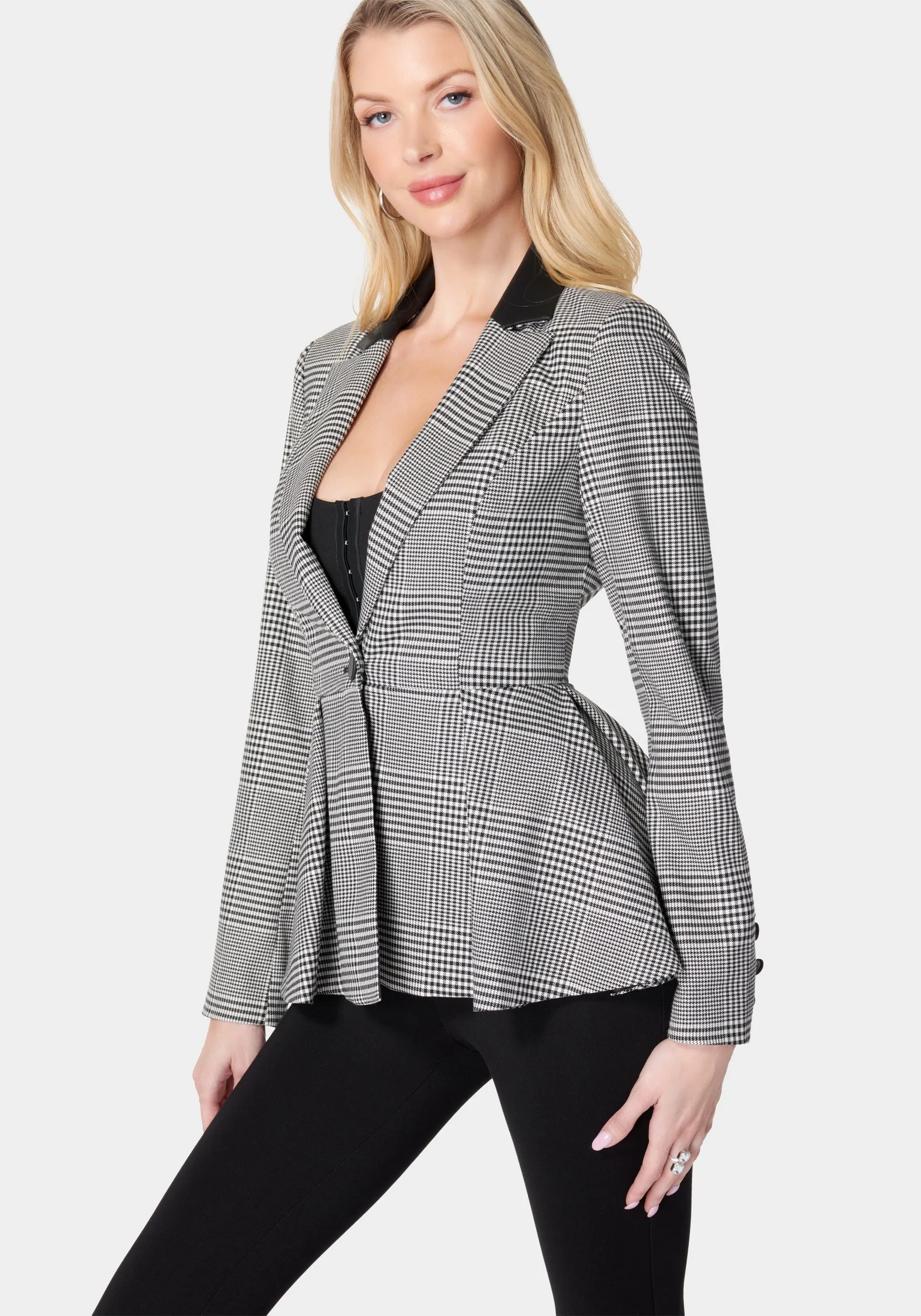 Glen Check Vegan Leather Combo Peplum Jacket