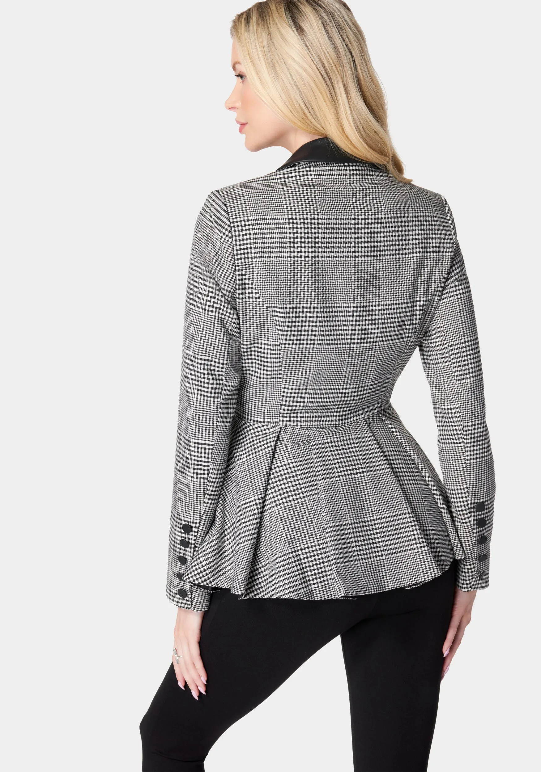 Glen Check Vegan Leather Combo Peplum Jacket