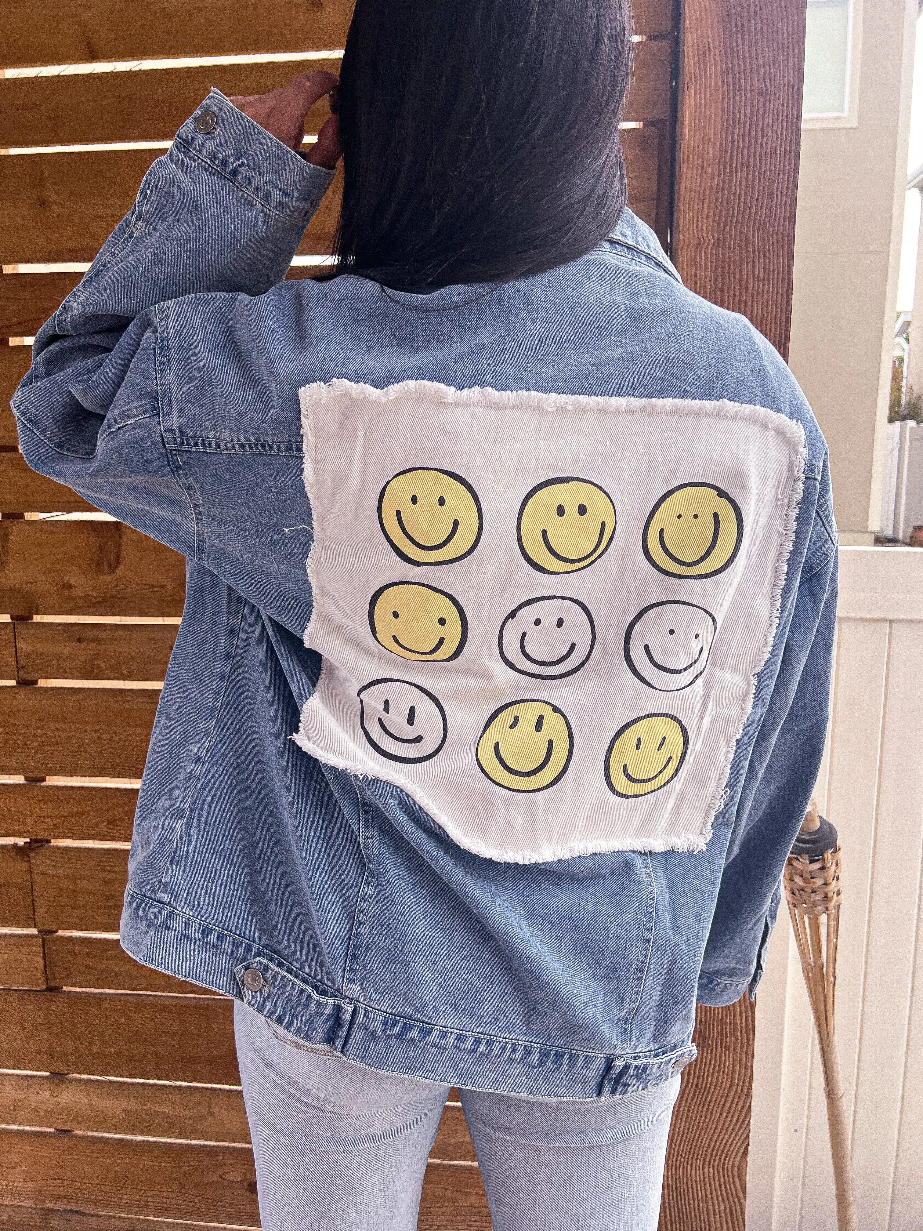 happy patched denim jacket