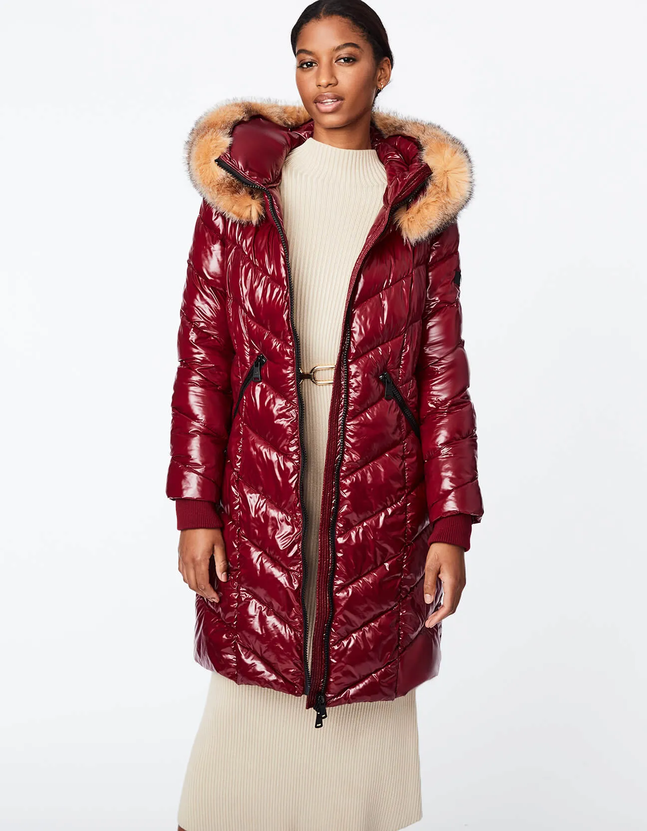 HERRINGBONE GLOSSY PUFFER COAT