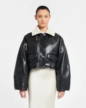 Hollie - Okobor™ Alt-Leather Bomber Jacket - Black/Creme