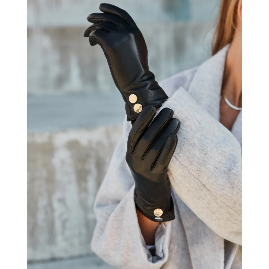 Leather gloves with beautiful buttons / 14892 - Gold