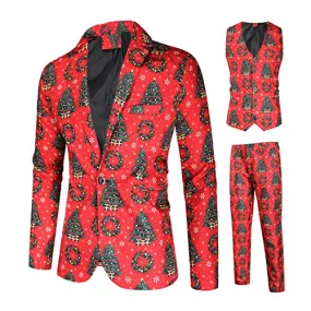 Men Suits Christmas Print 3 Piece Suit Casual Print Party Suit Fashion Jacket Vest Pants Holiday Clothes Color 3 Large