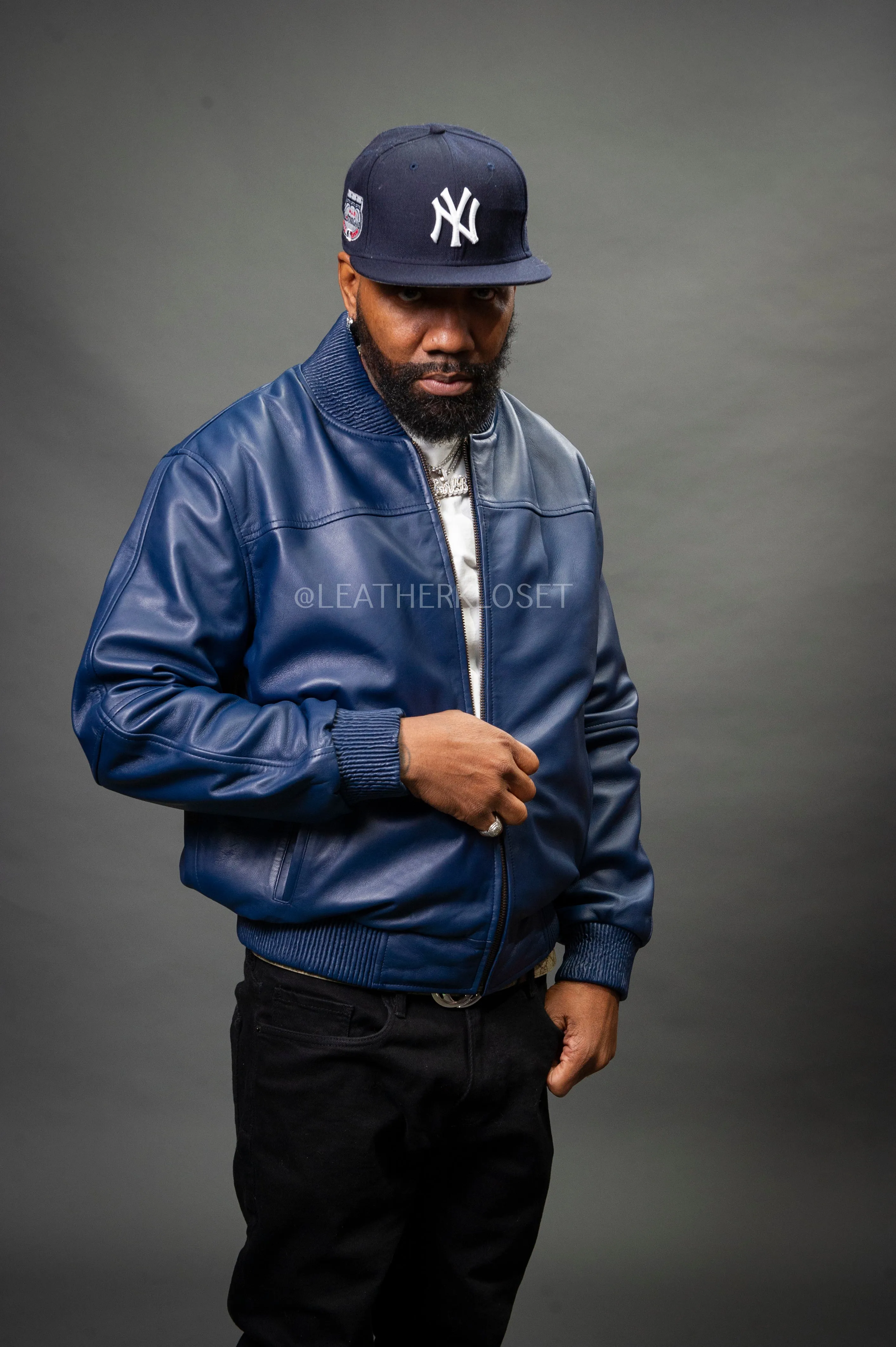 Men's Classic Baseball Leather Jacket [Navy Blue]