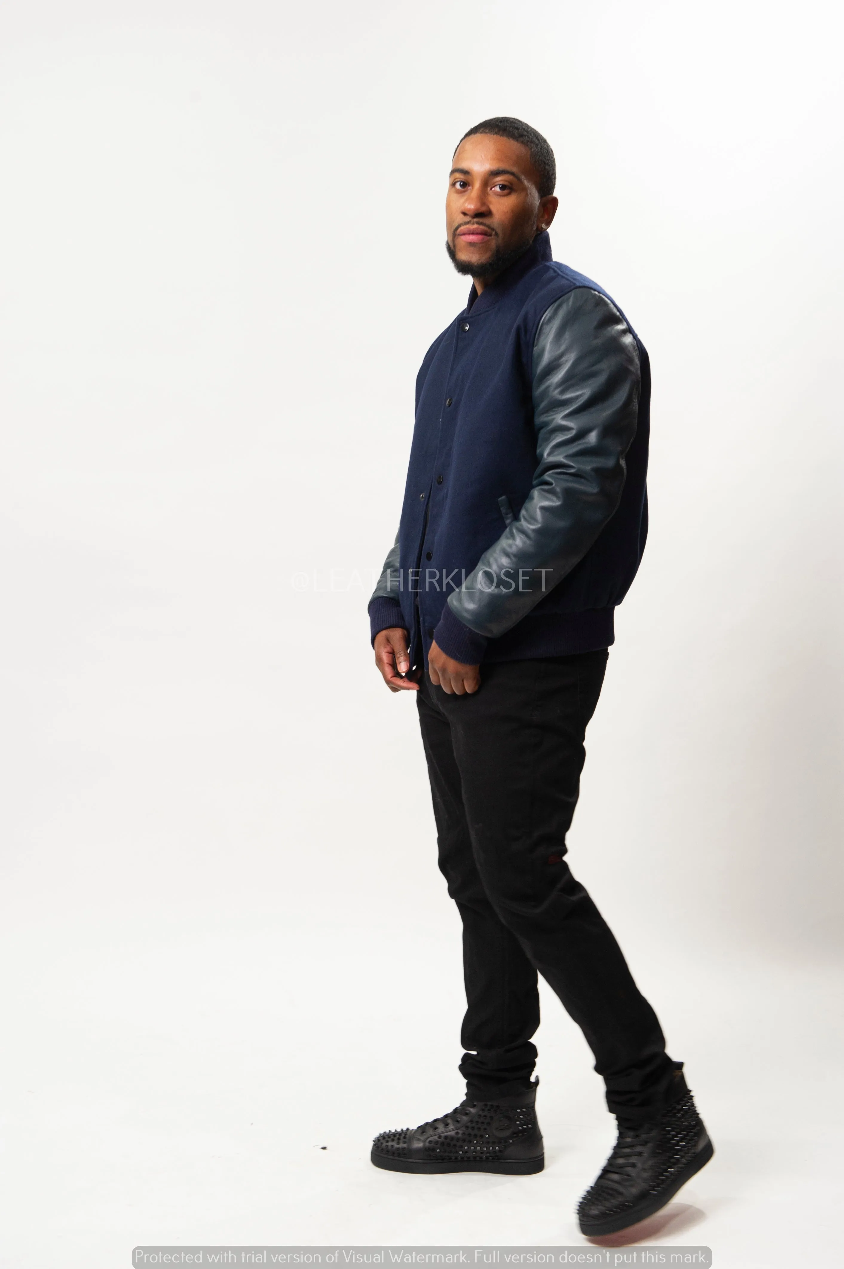 Men's Classic Wool And Leather Varsity Jacket [Navy/Navy]