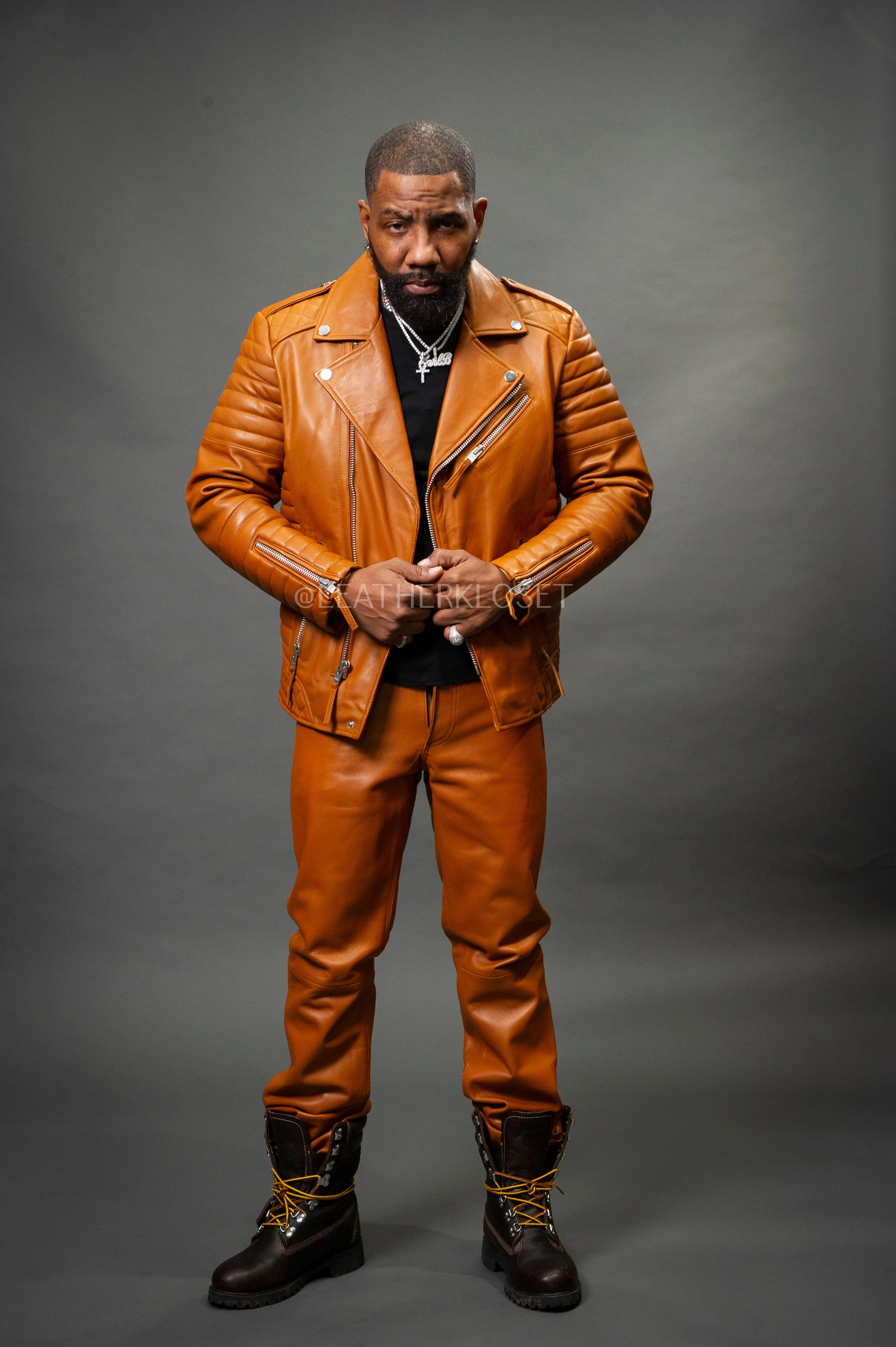 Men's Leather Jay Biker Jacket & Leather Jean Pants [Saddle Brown]