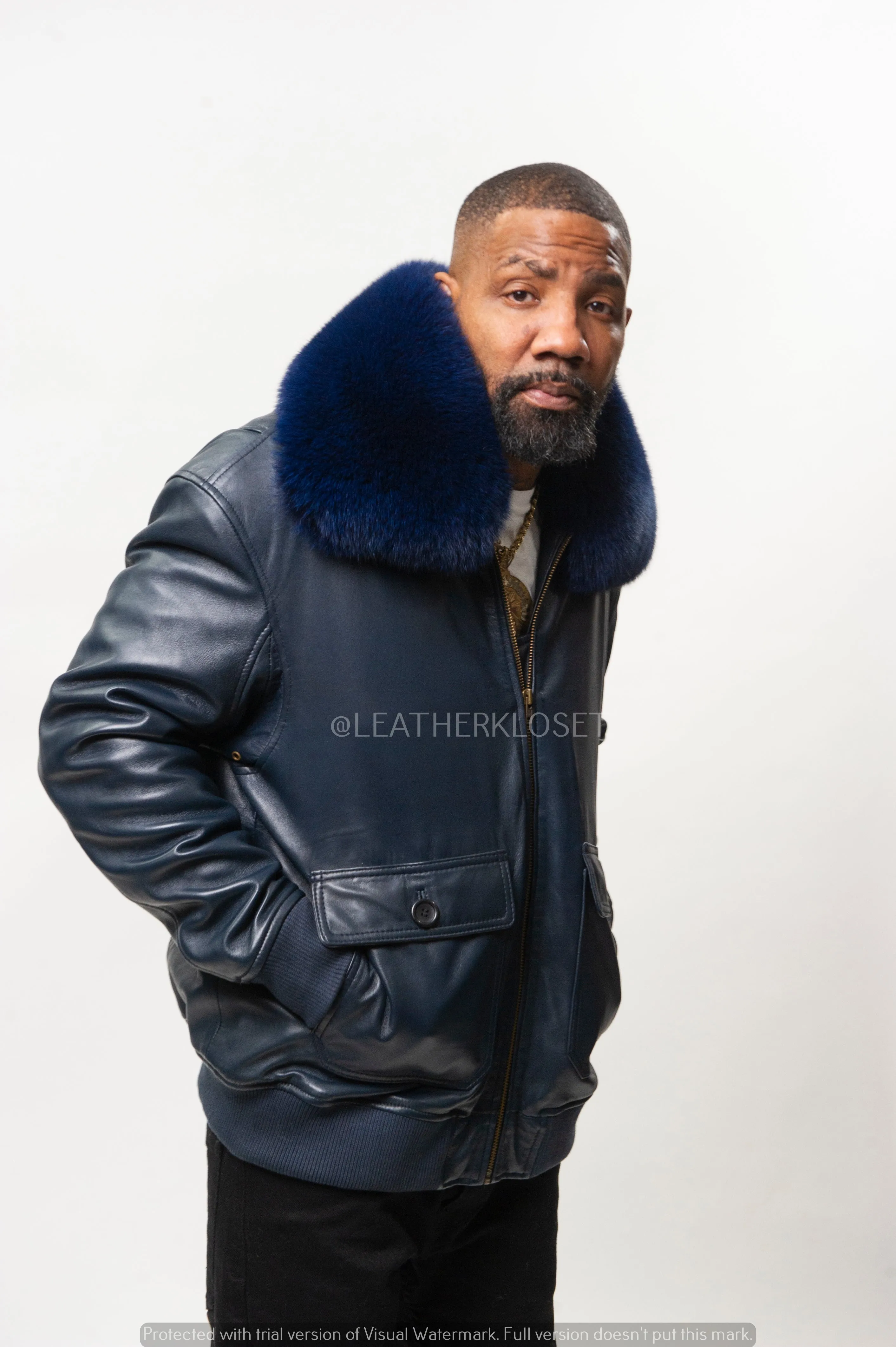 Men's Leather Pilot Aviator Bomber Jacket With Fox Collar [Navy]