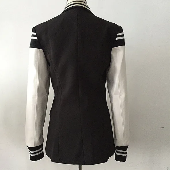 Naval Varsity Stripes Color Block Leather Blazer Jacket