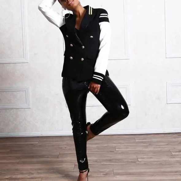 Naval Varsity Stripes Color Block Leather Blazer Jacket