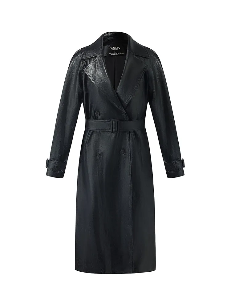 PU Leather Women Long Trench Coat