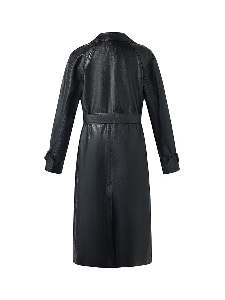 PU Leather Women Long Trench Coat