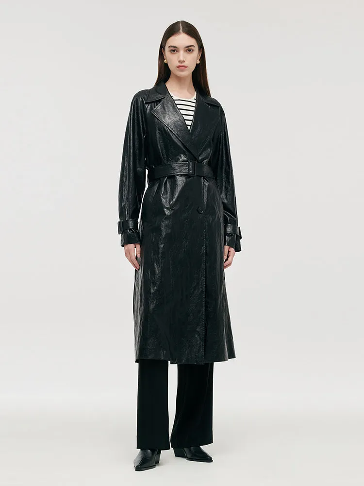 PU Leather Women Long Trench Coat