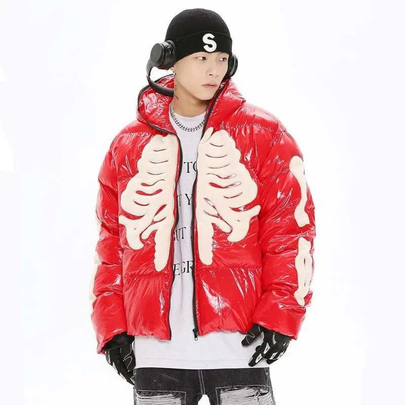 Skeleton Embroidery Leather Puffer Jacket