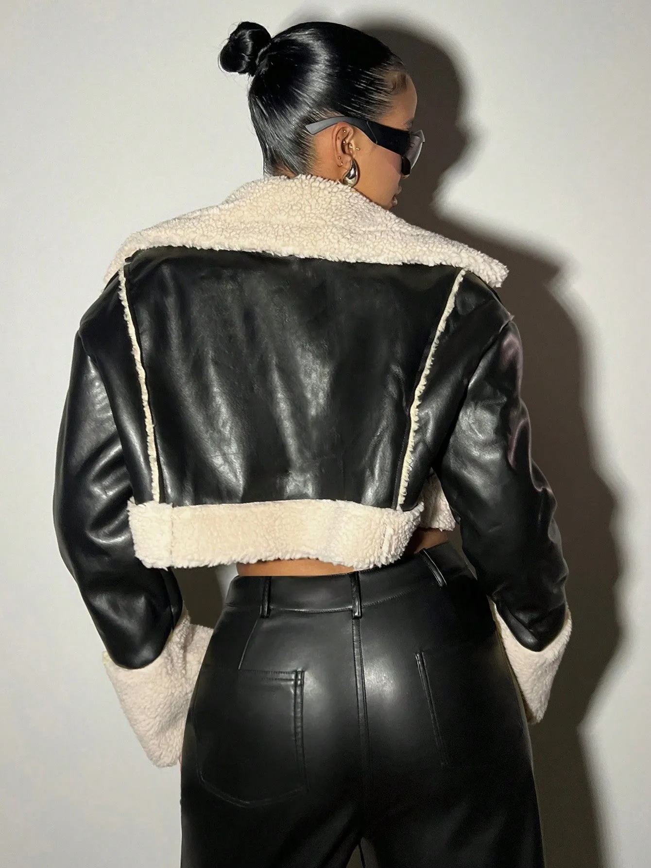 Teddy Lined Crop PU Leather Motorcycle Jacket