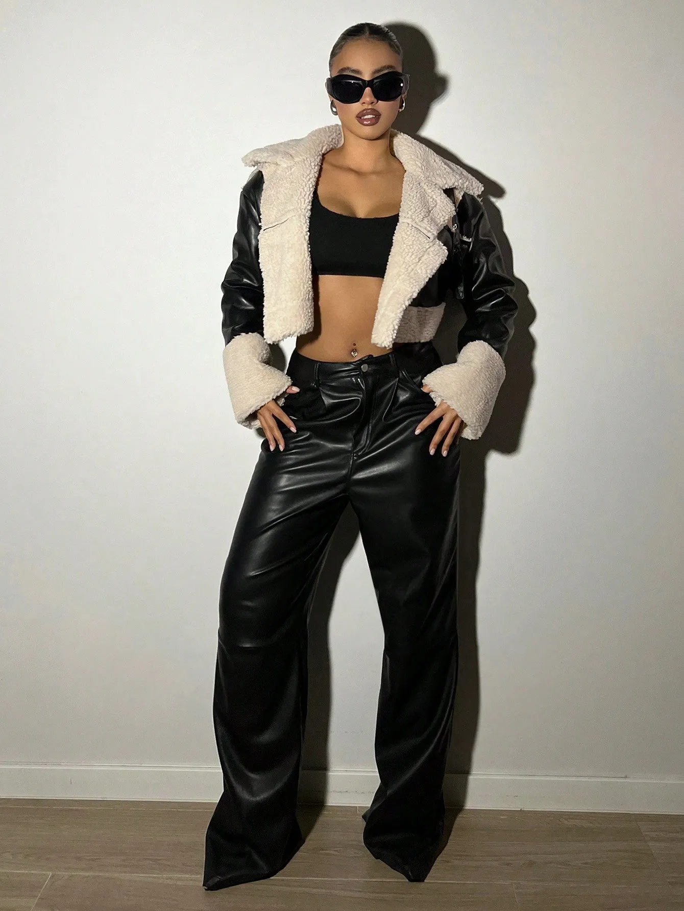 Teddy Lined Crop PU Leather Motorcycle Jacket